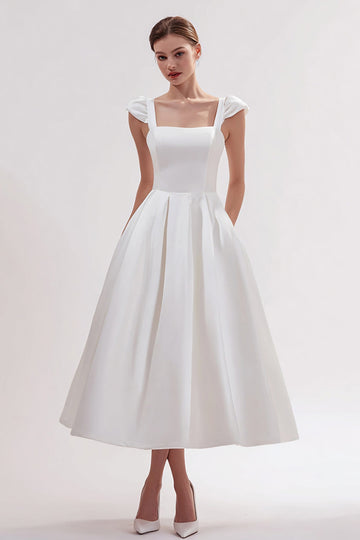 White Satin Square Neck Long Engagement Dress with Pockets
